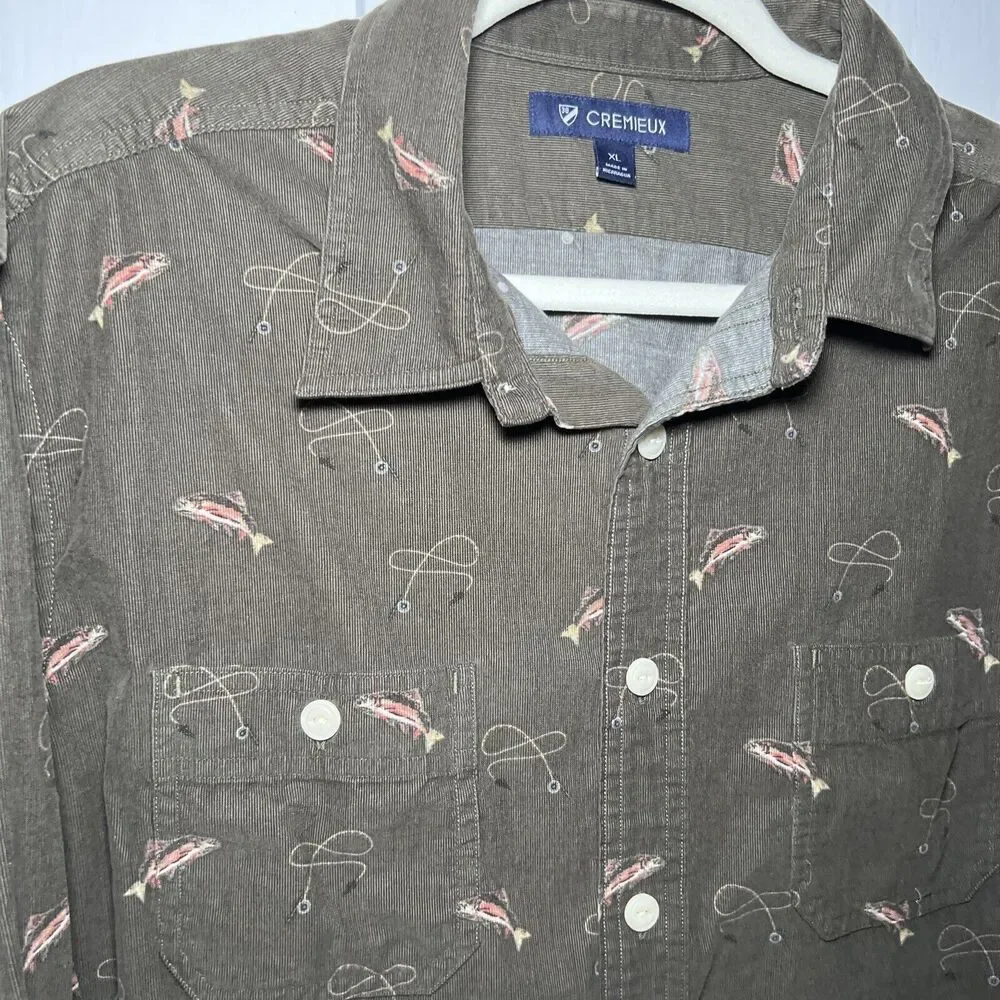 Daniel Cremieux Fishing Print Corduroy Button Up Shirt Size XL Brown Outdoors